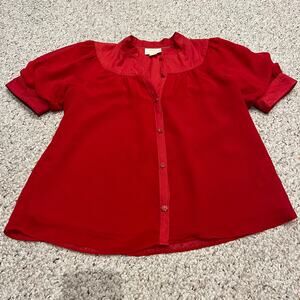 Maeve Anthropologie Lavoie Blouse Puff Sleeve Red  Sz 6 Button Front Holiday